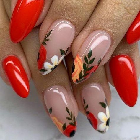 Rose Nail Design, Sns Nails Designs, Mexican Nails, Deep Red Nails, Bright Red Nails, Floral Nail Designs, Summery Nails, Flower Nail Designs, Classy Acrylic Nails