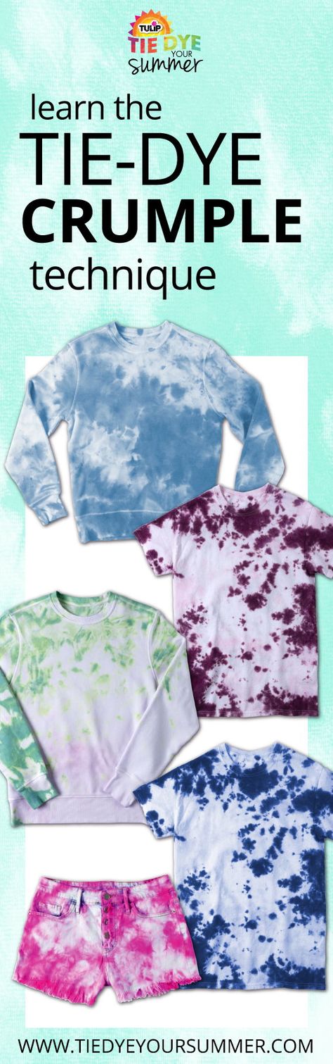 Rock one of the hottest tie-dye trends right now without folding, twisting or even tying - just straight up crumpling! #tiedye #diytiedye #tiedyetechnique #tiedyecrumple #howtotiedye #tiedyeideas Bleach Techniques, Tie Dye Crumple, Shirt Bleaching, Sunflowers Tattoos, Tulip Tie Dye, Dye Projects, Ty Dye, Diy Tie Dye Techniques, Diy Tie Dye Designs