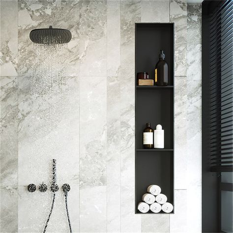 What is the niche, stainless steel niche design, installation steps - iNEWS Vertical Shower Niche, Shower Frame, Graphic Tiles, Frame Bathroom, Bathroom Niche, Shower Niche, Design Installation, Gold Bathroom, Bathroom Rack