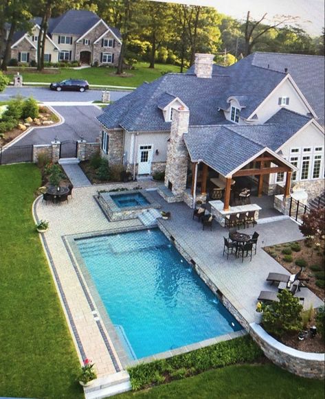 Luxury suburban home with in-ground swimming pool and hot tub Outdoor Kitchen Design Off House, Houses With Pools In The Front Yard, Craftsman Style Homes Backyard, House With A Pool Dream Homes, House With Inground Pool, Pool Outside House, Backyard Oasis Layout, Farmhouse With Pool Backyards, Pool And Poolhouse