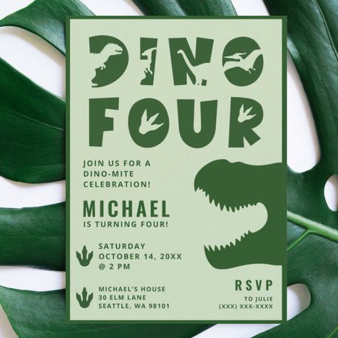 Dino Four Green Dinosaur 4th Birthday Party Invitation #Invitation #card #template #design #pinterestquotes #pinterestideas #pinterestmom #pinterestwedding #aesthetic #love #art #pinterestsuccess Four Year Old Birthday Theme Boy, Boys 4th Birthday Themes, Roar Im 4 Birthday, Dinosaur 4th Birthday Party, Dinosaur 4th Birthday, 4th Birthday Party For Boys, Orange Dinosaur, 4th Birthday Boys, 4th Birthday Party