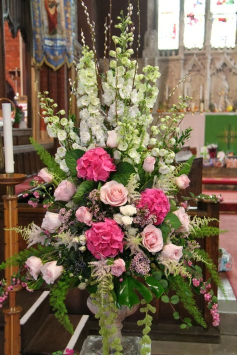 Magnificent pedestals designs Delphiniums, Roses and Hydrangeas Tablescape Centerpiece www.tablescapesbydesign.com https://www.facebook.com/pages/Tablescapes-By-Design/129811416695 Pink Centerpieces, Church Wedding Flowers, Large Floral Arrangements, Church Altar, Altar Flowers, Large Flower Arrangements, Church Flower Arrangements, Memorial Flowers, Church Flowers