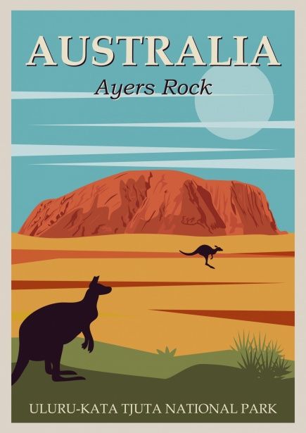 Vintage, retro style travel poster for Ayers Rock, Uluru, Australia, the Australian Outback Ayers Rock Australia, Vintage Postcards Travel, Starry Night Painting, Ayers Rock, Rock Vintage, Australian Travel, Vintage Airlines, Travel Postcard, Starry Night Van Gogh