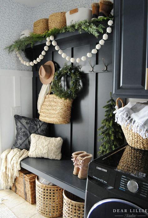 Seasons of Home - Christmas Home Tour - Dear Lillie Studio Mudroom Laundry, Dear Lillie, Mudroom Laundry Room, Christmas Dining Room, Christmas Accents, Christmas Entertaining, Holiday Tablescapes, Christmas Bedroom, Pom Pom Garland