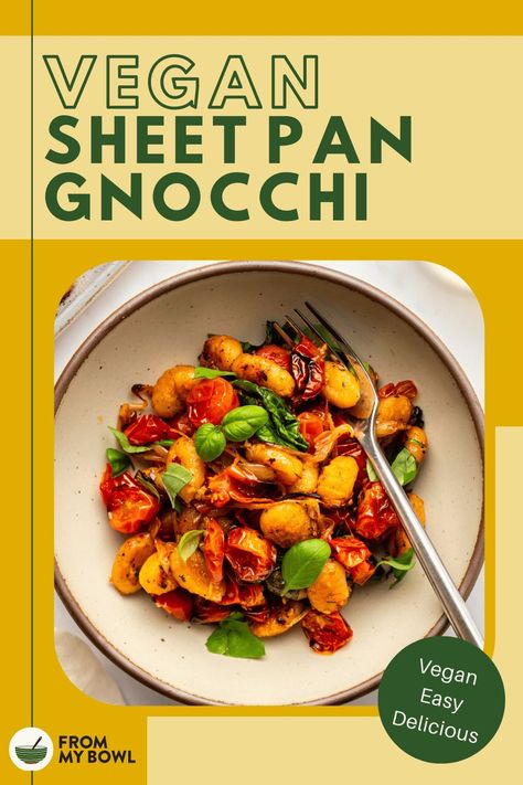 This recipe for Sheet Pan Gnocchi with Tomatoes slow roasts pillowy soft potato gnocchi and juicy tomatoes together on one pan to give you a quick, easy, and flavorful weeknight dinner. Vegan, Gluten-Free Option. Vegan Recipes With Gnocchi, Gnocchi With Tomatoes, Sheet Pan Gnocchi, Gnocchi Recipes Easy, Dinner Vegan, Potato Gnocchi, Vegan Roast, Vegan Potato, Gnocchi Recipes