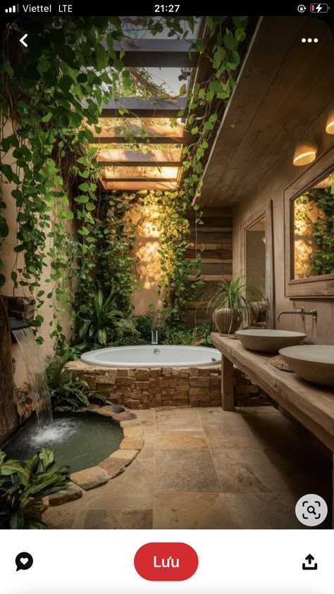 Luxury Resort Bathroom, Nature Aesthetic Home, Outdoor Bath House, Outdoor Bathroom Ideas, Sustainable Hotel, Lake House Bathroom, Indoor Outdoor Bathroom, Spanish Home Decor, Tropical Bathroom