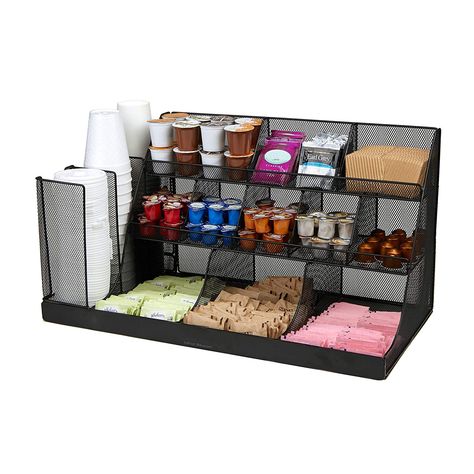 The organizer will hold all of your serving essentials, including sugar, cups, stirrers, napkins, creamers and even K-Cups #coffeebar Snack Station, Book Outfits, Snack Organizer, Coffee Snacks, Work Supplies, Wattpad Book, Caddy Organizer, Storage Caddy, Lunch Room