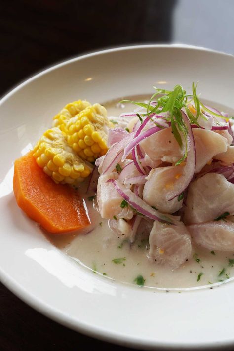 The city’s best ceviche can be found at chef Carlos Ramos’ restaurant on Woodway. Peruvian Ceviche, Flounder Fillet, Boiling Sweet Potatoes, Recipes To Make At Home, Ceviche Recipe, Sweet Potato Slices, Fresh Corn, Dessert Drinks, Cookbook Recipes