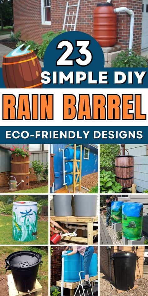 Save water with these eco-friendly DIY rain barrels. Perfect for any garden. Pretty Rain Barrel Ideas, Rain Barrel Diy Pretty, Water Barrel Ideas, Rain Barrel Diy, Rain Barrel Ideas, Rain Collection System, Rain Water Barrel, Diy Rain Barrel, Collecting Rainwater