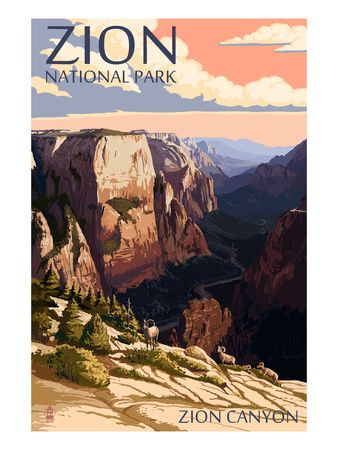 Zion National Park, Posters and Prints at Art.com Zion Canyon, Graphic Design Styles, Zion National Park Utah, Wood Postcard, Dynamic Art, Hang Art, Large Framed Prints, National Park Posters, Rocky Mountain National Park