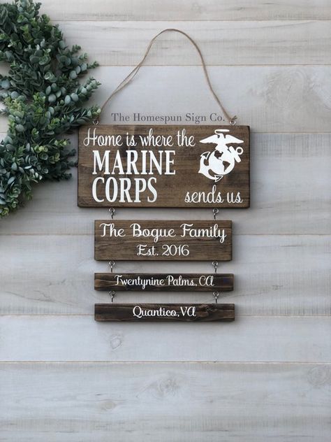 USMC Duty Station Sign The top plank of this sign (home is where) is 7.25x15. All following planks are 12 wide. It will come with the twine to hang unless otherwise specified. The pricing is $55 for the first 2 planks..that is the Home is Where plank and your family name plank. Each additional Usmc Wedding Ideas, Usmc Birthday, Usmc Wedding, Marine Corps Wedding, Usmc Girlfriend, Marine Wedding, Twentynine Palms, The Marine, Retirement Gift