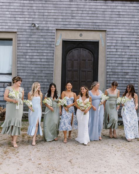 Sage Blue Wedding Color Schemes, Coastal Grandmother Wedding Dress, Bridesmaids Dresses With Navy Suits, Light Blue Different Bridesmaid Dresses, Various Blue Bridesmaid Dresses, Cottage Bridesmaid Dresses, Green And Blue Wedding Dress, Blue Pink Green Bridesmaids, Blue And Green Mismatched Bridesmaid Dresses