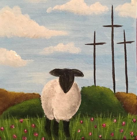 A simple little painting that has big meaning. Symbolic and Uplifting: Embrace the symbolism of Jesus leaving the 99 to go after 1 lost sheep. A reminder of faith, hope, and His relentless love. "If a man owns 100 sheep, and one of them wanders away, will he not leave the 99 to look for the 1 that wandered off?" (Matthew 18:12) *Original *8x8 canvas board *Painted March 25, 2024 Lamb Painting Easy, Sheep Paintings Easy, Christian Paintings On Canvas Easy, Christian Art Painting, Girls Painting, Christian Painting, Canvas Board Painting, Lost Sheep, Sheep Paintings