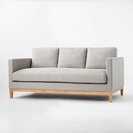 Wood Base Sofa, Wooden Frame Sofa, Mcgee Target, Trendy Sofas, Studio Mcgee Target, Condo Decor, Sofa Light, Cozy Minimalist, Upholstered Couch