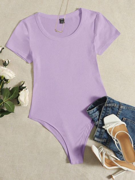 SHEIN EZwear Solid Ribbed Knit Bodysuit | SHEIN USA Pink Bodysuit Outfit, Purple Shirt Outfits, Light Purple Shirt, Purple Bodysuit, Purple Two Piece, Ribbed Knit Bodysuit, Bodysuit Tops, Bodysuit Designs, Pink Bodysuit