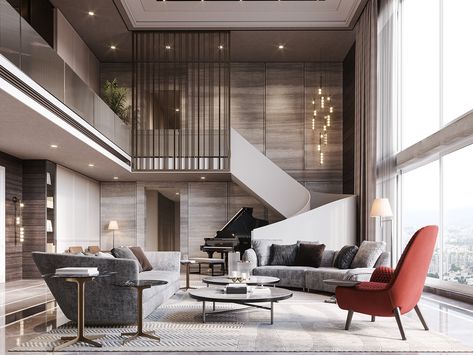 High Ceiling Living Room Modern, Double Height Lobby, Double Height Living Room, Tattoo Modern, High Ceiling Living Room, Living Tv, Double Height, Model House, Design Room