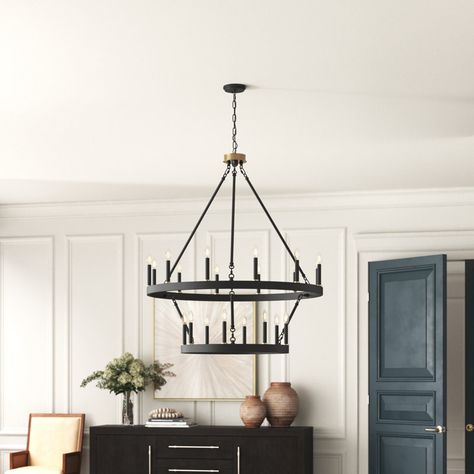 Greyleigh™ Finchley 20 - Light Dimmable Wagon Wheel Chandelier & Reviews | Wayfair Family Room Chandelier, Light Living Room, Chandelier Black, Wheel Chandelier, Candle Base, Chandelier Metal, Wagon Wheel Chandelier, Large Chandeliers, Candle Styling