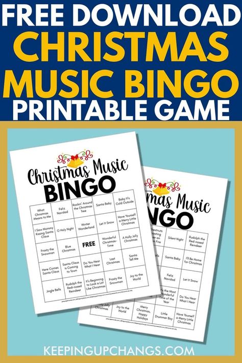 Free CHRISTMAS MUSIC BINGO game card printables in 4 variations or versions. Use with Spotify playlist of hit Christmas songs, hymns like Mariah Carey, Michael Buble, Frank Sinatra, Bing Crosby, Jingle Bell Rock, Santa Baby, I'll Be Home for Christmas, Winter Wonderland, Let it Snow, Santa Claus, Frosty the Snowman, Rudolph Reindeer, Silent Night Holy Night, Feliz Navidad, Joy to the World and more. Christmas Music Bingo Free Printable, Christmas Song Bingo Free Printable, Christmas Music Bingo, Musical Bingo Free Printable, Music Bingo Free Printable, Christmas Music Games, Free Christmas Bingo, Bingo Printable Free, Free Christmas Music