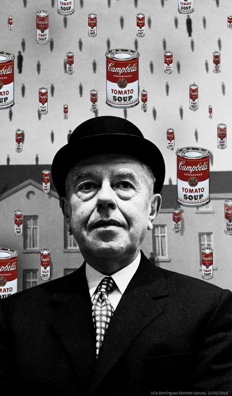 Este es el resultado final, una foto de René Magritte con su obra La Golconda de fondo, combinada con la lata de tomate Campbell de Andy Warhol. #surrealismo #popart René Magritte, Andy Warhol, Fictional Characters, Art