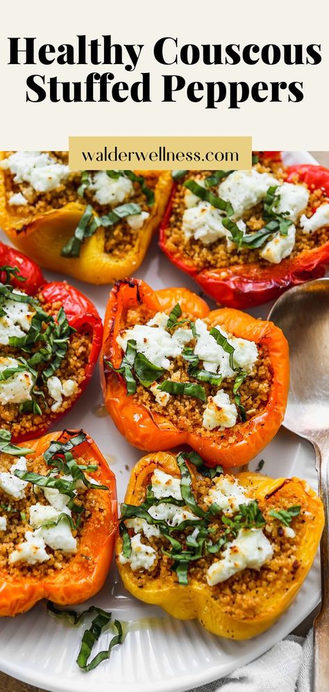 Couscous stuffed peppers with goat cheese and basil. Stuffed Peppers With Couscous, Stuffed Peppers Vegetarian, Couscous Stuffed Peppers, Baked Peppers, Stuffed Peppers With Rice, Vegetarian Stuffed Peppers, Moroccan Couscous, Stuffed Peppers Healthy, Creamy Goat Cheese