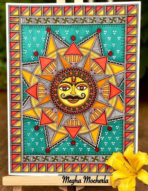 Sun In Madhubani Painting, Chath Puja Madhubani Painting, Tortoise Madhubani Painting, Madhubani Sun Paintings, Simple Madhubani Paintings, Madhubani Paintings On Canvas, Easy Madhubani Art For Beginners, Madhubani Art Krishna, Madhubani Drawing Indian Paintings