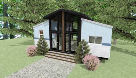 Ingenious design sees two tiny homes connected by a light-filled sunroom Tiny Houses Connected, Glass Sunroom, Pool Guest House, Tiny House Company, Wide Windows, Micro House, Trailer Home, Modern Tiny House, Large Bathrooms