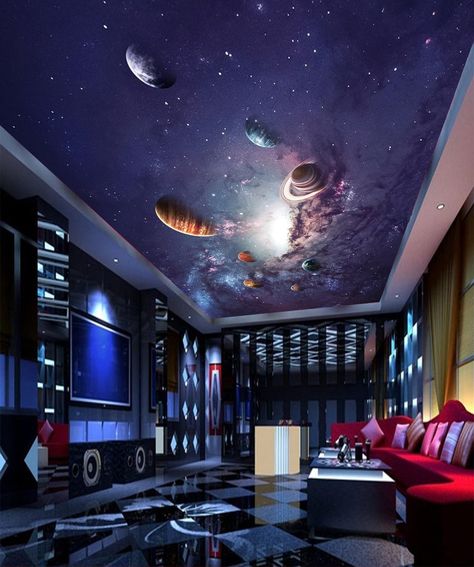 Galaxy Ceiling, 3d Wallpaper Ceiling, Basement Movie Room, Galaxy Room, Decal Wallpaper, Ceiling Wallpaper, Vinyl Doors, Ceiling Murals, Wall Stickers Wallpaper