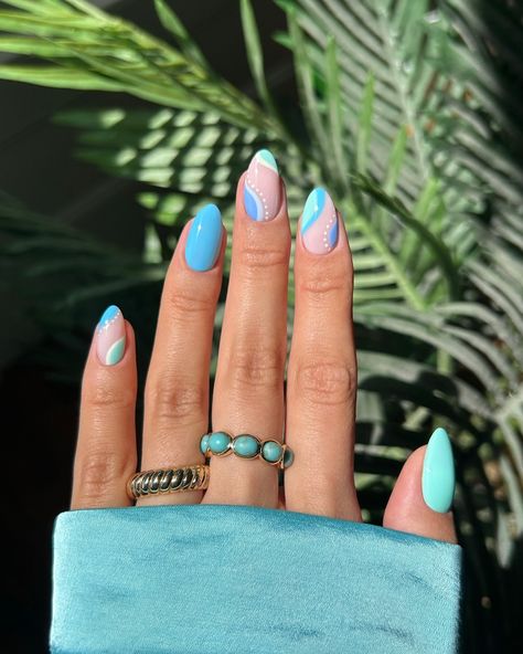 summer turquoise swirls 🩵🦋🐬🫐 rings from @luvaj - linked in my bio ✨ #nails #nailinspo #nailart #naildesign #turquoisenails #summernails Bio Nails, Almond Gel Nails, Nails Styles, Turquoise Nails, Cow Nails, Summery Nails, Purple Nail, Girly Acrylic Nails, Casual Nails