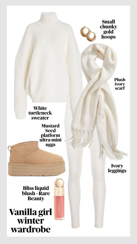 #wishlist #vanillagirl #neutralgirl #beigegirl #vanillagirlwishlist #neutralgirlwishlist #beigegirlwishlist #sadbeigegirlwishlist #vanilla #neutrals #ivory #white Ultra Mini Uggs, Ivory Leggings, Scarf Outfit Winter, White Turtleneck Sweater, Ugg Mini, Scarf Outfit, Bare Beauty, Leggings Outfit, White Turtleneck