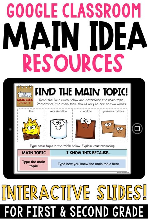 These digital activities for main idea are perfect for first grade and 2nd grade Google classroom! Finding the main idea and details will be fun with interactive, educational technology! Digital learning activities included are puzzles, main idea mystery bags, paragraph with topic sentences, worksheets, graphic organizers, anchor charts, and more! The main idea mysteries can be used on Google Slides! Use the organizers with books of your choice, too! Great for nonfiction & main topic units! Main Idea Lessons, Main Idea Activities, Main Idea And Details, Teaching Main Idea, Mystery Bags, Teaching Second Grade, Topic Sentences, First Grade Activities, Nonfiction Reading