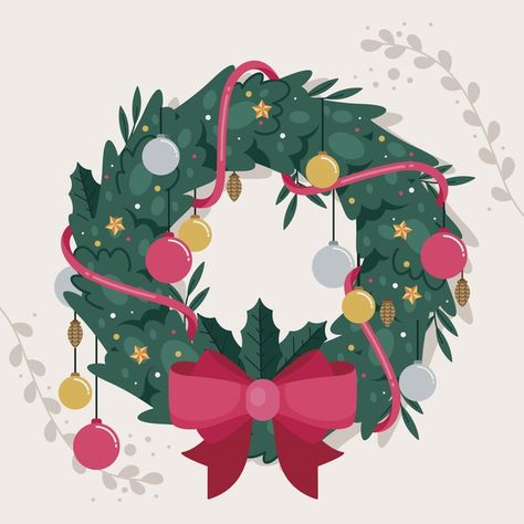 Holiday Wreath Illustration, Christmas Wreaths Illustration, Christmas Reef Drawing, Christmas Wreath Doodle, Xmas Illustration Design, Christmas Design Graphic Illustration, Wreath Illustration Christmas, Christmas Wreath Drawing, Cute Christmas Illustration