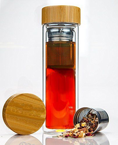 Tea Infuser Bottle by IBCE - Double-wall Glass Tea Tumbler with Stainless Steel Tea Filter and Bamboo Lid - http://teacoffeestore.com/tea-infuser-bottle-by-ibce-double-wall-glass-tea-tumbler-with-stainless-steel-tea-filter-and-bamboo-lid/ Water Bottle Infuser, Bamboo Bottle, Cute Tea Infuser, Tea Pot With Infuser, Tea Infuser Bottle, Glass Water Bottle Bamboo Lid, Booze Drink, Tea Tumbler, Tea Container