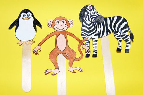 Zoo Animal Stick Puppets | Kids' Crafts | Fun Craft Ideas | FirstPalette.com Animal Stick Puppets, Zoo Snacks, Animal Learning Activities, Lds Nursery, Stick Puppet, Kid Printables, Printable Animal Masks, March Lessons, Savanna Animals