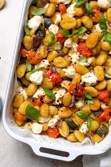 Crispy Tray Bake Gnocchi with Bocconcini| Create Cook Share | Australia Crispy Gnocchi, Cooking Avocado, Melting Cheese, Gluten Free Gnocchi, Baked Gnocchi, Tray Bake Recipes, Easy Mediterranean Diet Recipes, Tray Bake, Baked Dinner