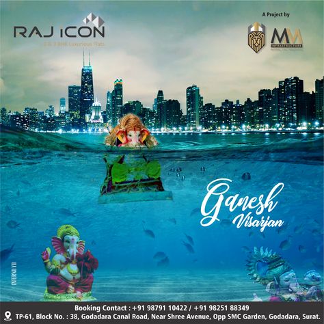 Ganesh Visarjan design for Raj Icon & MM Infrastructure by Inferno Yo. #GraphicDesigning #GaneshVisarjan #PostDesign #CreativeStudio #DesigningStudio #FestivalPost #InfernoYo #Surat Ganesh Visarjan Creative Ads, Ganesh Visarjan Post, Anant Chaturdashi, Holiday Ads, Ganesh Visarjan, Priyank Sharma, Invitation Card Maker, Flex Banner Design, Flex Banner