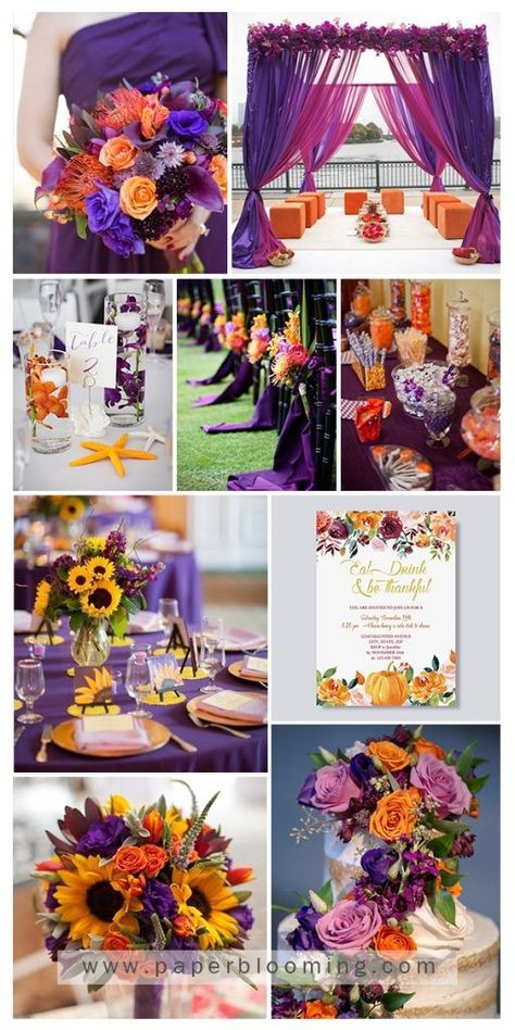 Purple And Orange Wedding Ideas, Halloween Wedding Colors, Color Wedding Theme, Orange And Purple Wedding, Orange Wedding Color Scheme, Purple And Orange Wedding, Wedding Color Schemes Purple, Orange Purple Wedding, September Wedding Colors