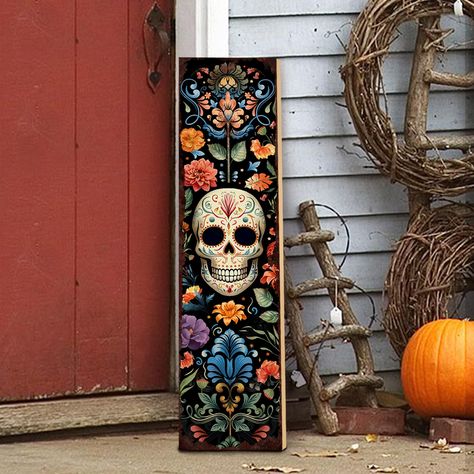 PRICES MAY VARY. Perfect Halloween Decor: Our halloween porch sign features a black background with floral prints, a skull in the center, and rust-like edges (not real rust), adding a spooky vibe to your halloween porch. Quality Material: Made of high-quality wood, this wooden vertical sign is reliable and sturdy, suitable for indoor and outdoor use. If displayed outdoors, please protect this hanging sign from adverse weather conditions. Perfect Size for Display: Once assembled, the dimensions o Fall Outdoor Signs Front Porch, Fall Wooden Signs Front Porches, Halloween Signs Wooden, Fall Yard Displays, Door Leaners, Front Porch Halloween, Wooden Halloween Signs, Signs For The Home, Peace Poles