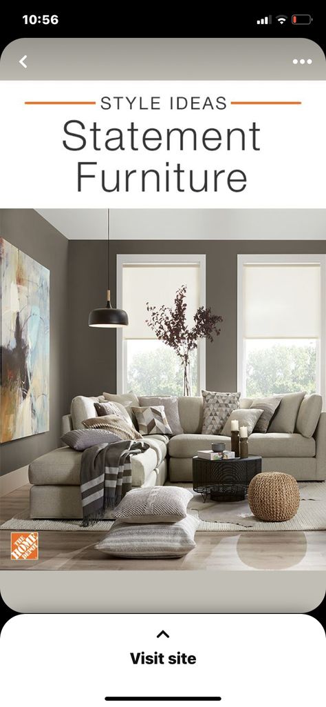 Pillows Sectional, Decoration Ideas Living Room, Beige Sectional, Living Room Decoration Ideas, Statement Furniture, Room Decoration Ideas, Gray Walls, Inspire Me Home Decor, Dark Taupe