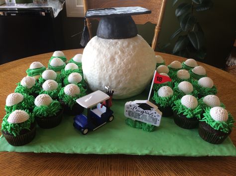 Cake I made for my boyfriends college graduation party. Golf ball cake covered in marshmallow fondant and cupcakes topped with peanut butter filled white chocolate golf balls. Golf Graduation Cake, Golf Themed Graduation Cakes, Golf Theme Cake Pops, Golf Course Cake Ideas, Golf Course Cupcakes, Fondant Golf Bag, Sphere Cake, Golf Ball Cake, Golf Party Foods