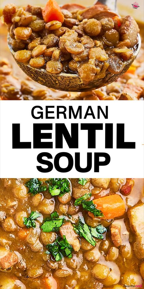 Collage of two closeup images of a German Lentil Soup. Lentil Bacon Soup, German Lentil Soup Recipe, German Lentil Soup, Lentil Soup With Bacon, Sausage Lentil Soup, Sausage Lentil, Bacon And Sausage, Soup With Bacon, Lentil Soup Recipe