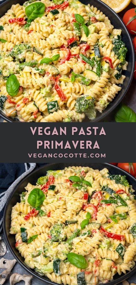 Vegan Cocotte, Cocotte Recipes, Vegan Pasta Primavera, Pasta Primavera Salad, Primavera Recipe, Pasta Primavera Recipe, Creamy Vegan Pasta, Vegan Pasta Dish, Vegan Pasta Salad