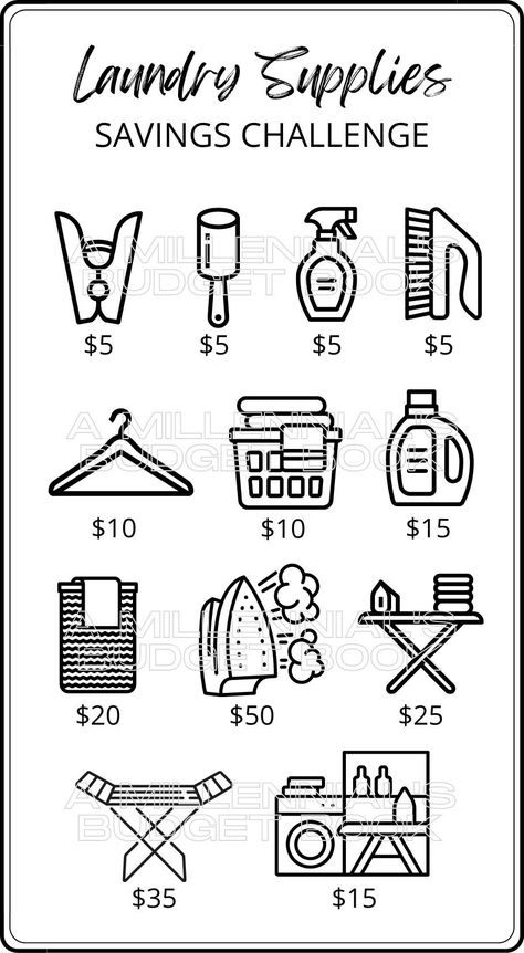 Laundry Supplies Savings Challenge Tracker - Digital download for at home printing.  - PDF file suitable for an A6 binder - Receive two copies of the file (one WITH a border and one WITHOUT the border) This tracker is designed to help you budget so you can put money away. Save $200 in total to get you ready for you to move out into your own place. Please note that this is a digital product. No physical item will be posted to you. School Savings Challenge, Home Savings Challenge, Savings Challenge Ideas, Money Saving Jar, Saving Money Chart, Money Chart, Budget Challenge, Money Saving Methods, Saving Challenges