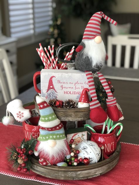 Christmas Tray Ideas, Rae Dunn Mugs, Tray Decor Christmas, Christmas Tiered Tray, Tier Trays, Gnome Decor, Christmas Crafty, Christmas Tray, Tiered Tray Diy