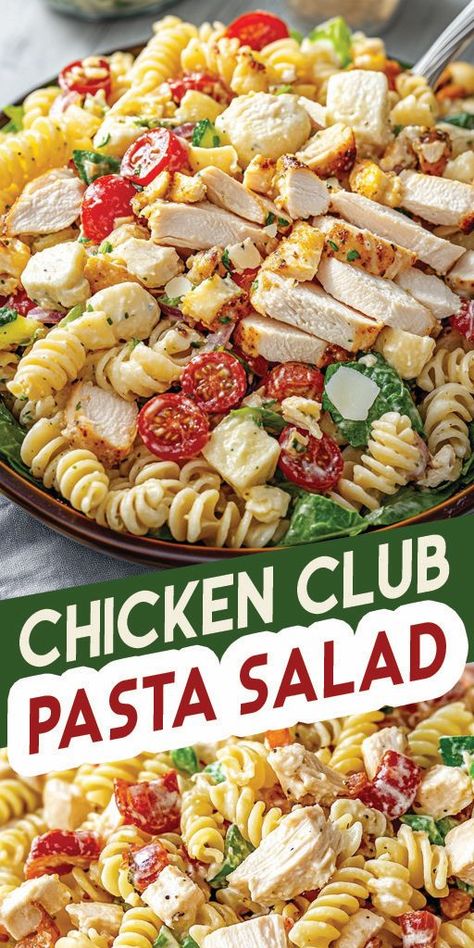 Chicken Club Pasta Salad Ingredients: 8 ounces corkscrew-shaped pasta ¾ cup Italian-style salad dressing ¼ cup mayonnaise 2 cups chopped, cooked rotisserie chicken 12 slices crispy cooked bacon, crumbled 1 cup cubed Muenster cheese 1 cup chopped celery 1 cup chopped green bell pepper 8 ounces cherry tomatoes, halved 1 avocado, peeled, pitted, and chopped #Chicken #Pasta #Salad #Quickrecipe Club Pasta Salad, Chicken Club Pasta Salad, Italian Dressing Pasta Salad, Creamy Italian Dressing, Big Salads, Pasta Salad Ingredients, Muenster Cheese, Chicken Club, Chicken Crispy