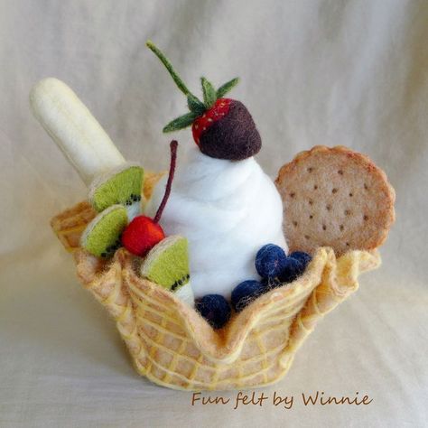 Felt Food, Soft Serve, Rag Rug, Needle Felted, Felt Crafts, Needle Felting, Fiber Art, Waffles, Felt