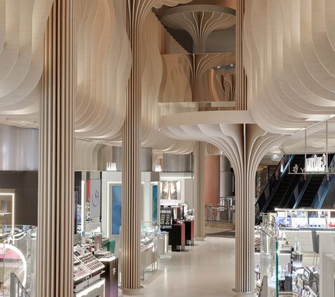 Column Decoration Ideas, Modern Column, Column Decoration, Timber Ceiling, Column Design, Parametric Design, Timber Construction, Retail Interior, Retail Design