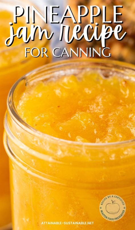 This small batch recipe for homemade pineapple jam results in a delicious tropical fruit spread perfect for spreading on toast. It calls for just three ingredients and is a great way to capture the flavor of sweet ripe pineapple in a jar. #canningrecipes #masterfoodpreserver Small Batch Jam, Canning Pineapple, Pineapple Jam Recipe, Jam Preserves, Preserve Recipes, Canning Jam Recipes, Food Preserving, Staple Foods, Pioneer Days