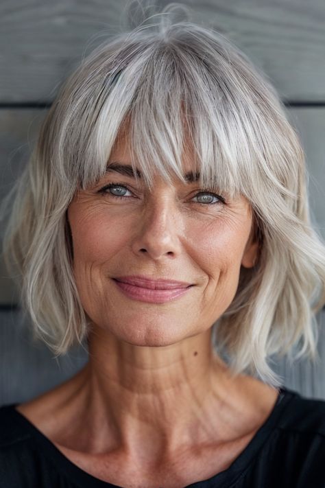 Women Over 60 Are Embracing These 35 Hairstyles With Bangs For A Fresh Look Bobs For Grey Hair Over 50, Bangs On Older Women, Top Hair Styles, Fine Hair Bangs, Grey Hair With Bangs, Grey Bob Hairstyles, Hairstyle Simple, Kort Bob, Hairstyle Cute