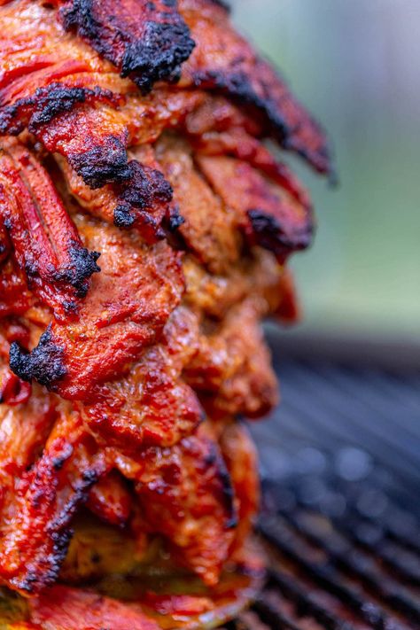 Smoked Pork Al Pastor, Smoker Al Pastor, Smoked Chicken Al Pastor, Beef Al Pastor Recipe, Smoked Tacos Al Pastor, Smoked Al Pastor, Al Pastor Recipe Authentic, Smoked Al Pastor Recipe, Vertical Skewer Recipes