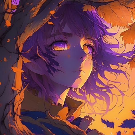 Purple And Orange Character Design, Anime Hair Flowing, Oc Persona, Twilight Oc, Painting Of A Tree, Yellow Portrait, Character Designing, Ghost Type Pokemon, Dusk Sky